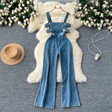 Women's Clothing hot girl style suspender jeans for women in summer hollow waist design wide legs slimming and leg-enhancing versatile trousers_voghion.com