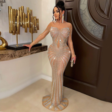 Women's Clothing Sexy Floor-Length Rhinestone Dress Nightclub Wear_viptrois.com