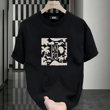Men's clothing Summer new heavyweight cotton round neck short-sleeved men's T-shirt design sense printing style trend loose tops_mkmklike.com