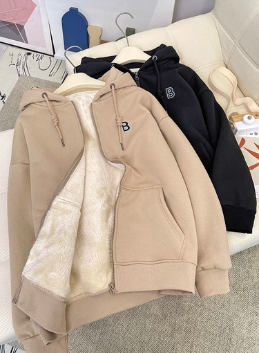 Women's Clothing Velvet thickened hooded sherpa sweatshirt for women autumn and winter new women's loose warm long sleeved cardigan zipper jacket_voghion.com