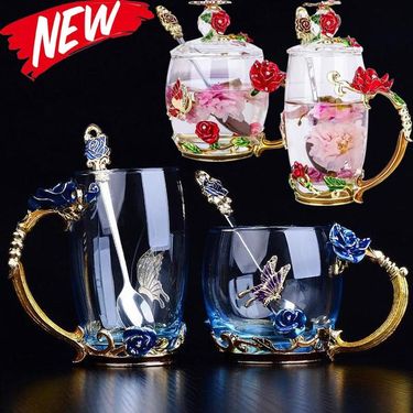 Beauty And Novelty Enamel Coffee Cup Mug Flower Tea Glass Cups For Drinks Tea Cup Spoon Set Perfect Wedding Gift_voghion.com