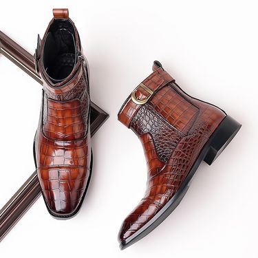 Men's high-top zipper men's alligator print pointed business ankle boots_voghion.com