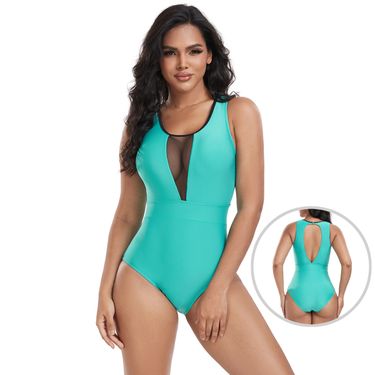 New One-piece Swimsuit Conservative Solid Color Patchwork Bodysuit Women_voghion.com