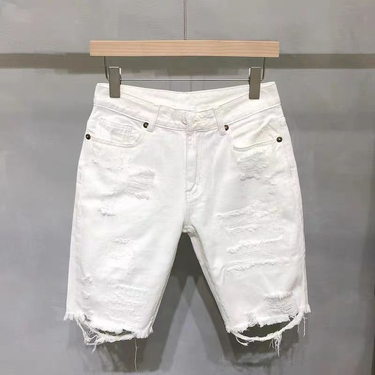 Men's Clothing Ripped denim shorts men's summer thin loose straight cat whisker white five-point pants trendy brand mid-length pants_voghion.com