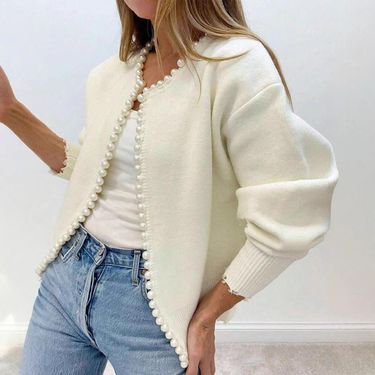 Pearl-Trimmed V-Neck Knit Cardigan – Lightweight Spring Cover-Up With Delicate Beading_voghion.com