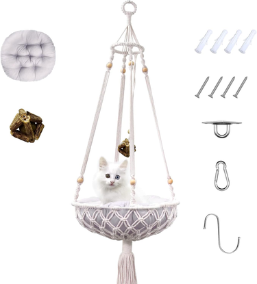 Boho Handwoven Cat Hammock Bed With Sturdy Iron Frame - Indoor Hanging Cat Bed For Large Cats, Cozy Lounge & Home Decor, Easy Installation_voghion.com