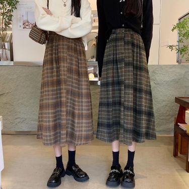 2024 Spring Pleated Skirt, Coffee Colored Plaid Skirt, Women's Mid Length, High Waisted, A-line, Small and Versatile, Large Umbrella Skirt_voghion.com