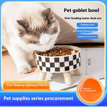 Pet High Foot Food Dog Rice Water Cat Single Neck Protection Stainless Steel Bowl_voghion.com