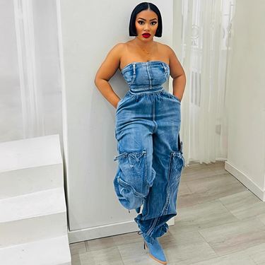 Women's Clothing Tube Top Fashion New Loose Drawstring Denim Jumpsuit_voghion.com