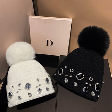 Heavy Rhinestone Women's Hats, 2025 Fall And Winter New Knitted Large Pom Pom Warm Hat_voghion.com