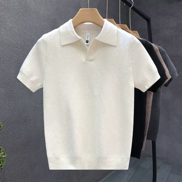 Men's Clothing Spring And Summer V Neck Polo Shirt Business Breathable New Men's Knitted Sweater Short Sleeved T Shirt Loose Lapel Solid Color_voghion.com