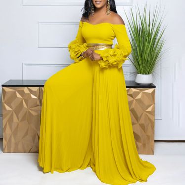 Women's Clothing New Fashion One Shoulder Ruffle Sleeve Solid Color Pleated Wide Leg Jumpsuit_voghion.com