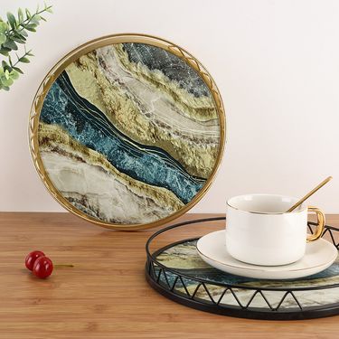 Round Marble-Pattern Tray Organizer - Luxury Cosmetic Storage For Bathroom & Vanity (Multi-Purpose Desktop Display, Elegant Home Decor)_voghion.com