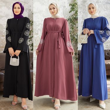 Women's Clothing women's Muslim robe dress heavy beading hot diamond elegant dress abaya long skirt_viptrois.com