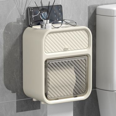 Cream Style Bathroom Box Light Luxury No-Drill Double-Layer Wall-Mounted Storage Rack For Toilet Paper And Facial Tissue_voghion.com