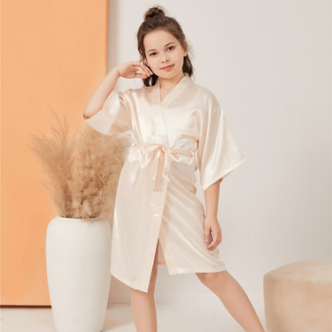 Women's clothing Children's twisted satin silk nightgown bathrobe medium and large children's long plain glossy summer thin cardigan robe_voghion.com