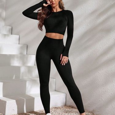 Women's Active Sets Yoga Suit Fitness Suit Trousers Long Sleeves Training Sweat Absorbent Tight Waist Peach Hip Sports Suit_voghion.com