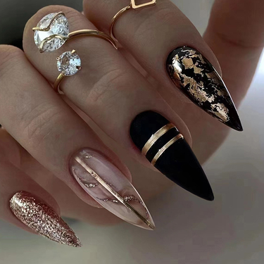 Black Almond Dark Amber Gold Foil, Explosive Flash Wearable False Nail, Spicy Girl, Sweet and Cool Instagram Style Nails_voghion.com