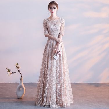 Elegant Princess Lace Dress - A-Line Formal Evening Gown With Long Sleeves, High Waist, Corset Back For Banquet, Wedding Guest, Party ( S-XXXL)_voghion.com