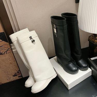 Women’s Shoes Boots Lock Buckle Long Boots Inner Heightening Wedge Heel Thick Bottom Mid Tube High Tube Trouser Boots_voghion.com
