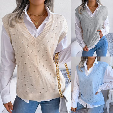 Women's clothing Ins style real shot autumn and winter casual hollow V-neck knitted vest sweater women's clothing_voghion.com