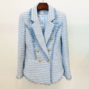Women's Clothing Autumn And Winter Double Breasted Flow Edge Tweed Mid Length Suit Jacket_voghion.com