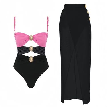 2025 European and American foreign trade new bikini skirt swimsuit solid color splicing one piece swimsuit female_voghion.com