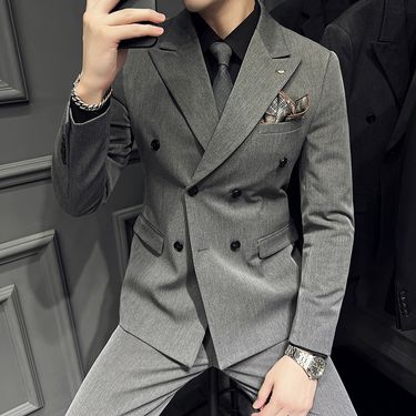 Men's business texture gun collar, double breasted slim fitting suit three piece set, men's_voghion.com