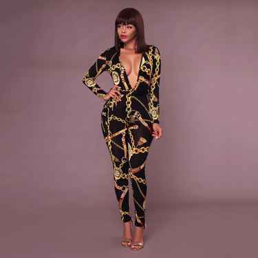Women's long-sleeved deep V-neck low-cut jumpsuit slim-fitting printed small-leg pants women's _voghion.com