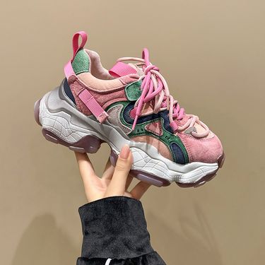 Trendy Brand Color Blocking Thick Soled Dad For Women In Early Spring 2024, New Anti Plush Leather Small Height_voghion.com