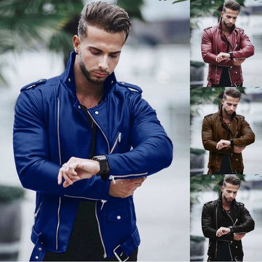 Men's autumn and winter new leather jacket with fashionable lapel zipper motorcycle leather jacket_mkmklike.com