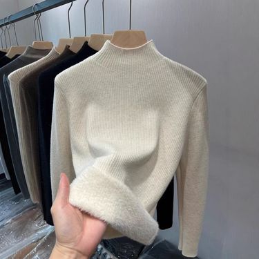 Women's Fleece-Lined Knit Sweater Long Sleeve Semi-Turtleneck Thermal Base Layer Slim Fit Pure Color Winter Top_voghion.com