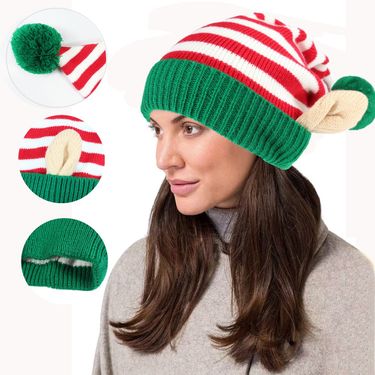 Cross-Border New Style Striped Christmas Hat With Small Ears, Jacquard Pom Holiday Knitted Hat, Directly Supplied By_voghion.com