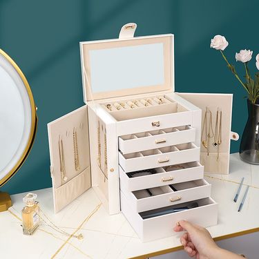 Frebeauty Jewelry Box,6-Tier PU Leather Jewelry Organizer, Storage With Mirror, Accessories Holder With 5 Drawers For Necklace Bracelets Watches_voghion.com