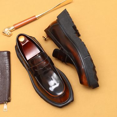 Slip-on leather shoes men's soft leather pointed leather business casual shoes thick sole height increasing British loafers trendy men's shoes_voghion.com