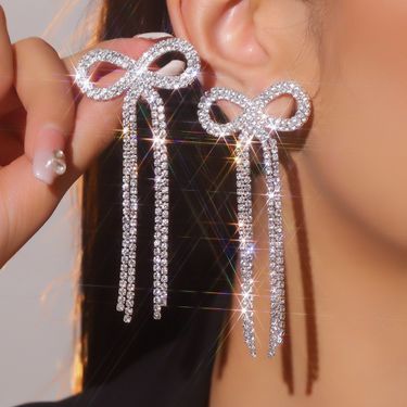 Direct Sales Popular Bow Long Tassel Earrings Fashionable Shiny Rhinestone Earrings_voghion.com
