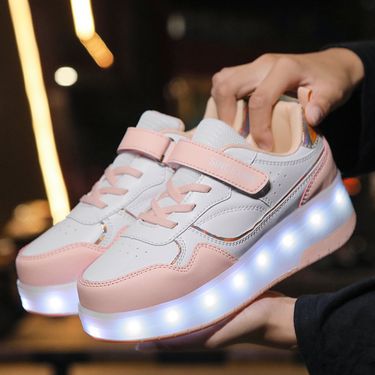 New net surface four wheel walking shoes children's luminous charging roller skates deformed wheel shoes_voghion.com