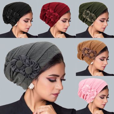 Women's Clothing Fashion Elastic Muslim Hat Pleated Turban Indian Hat Retro Side Flower Women's Headband Hat_voghion.com