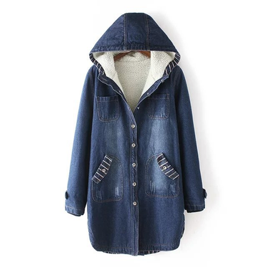 Women's clothing denim cotton-padded jacket medium long women's plus size cashmere cotton-padded jacket with hooded denim jacket_viptrois.com