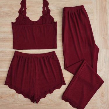 ChicShe European And American Cross-Border Trade Lace Trim Ribbed Vest Long Pants Pajamas Women's Slim Fit Three-Piece Set_voghion.com