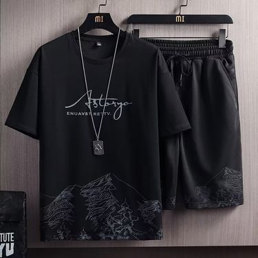 Men's Short-sleeved T-shirt Suit Trendy Personality Casual Fashion Brand Half-sleeved Ice Silk T-shirt Two-piece Suit _voghion.com