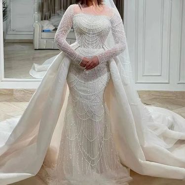 New Mermaid Wedding Dress Detachable Tail Beaded Lace Fishtail Bridal Dress Long Sleeve Slim Wedding Dress_voghion.com