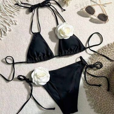 New Small Bust Bikini For Women Sexy Tie Three-Piece Swimsuit With 3D Floral Design_voghion.com