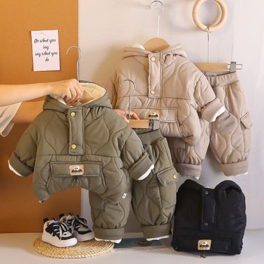 Boys' Autumn And 2025 New Children's Baby Winter Outfit Fleece-Lined Thickened Hooded Warm Two-Piece Set_voghion.com