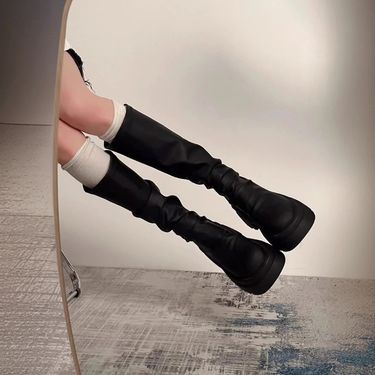 National Trend Petite Rider This Year's Popular High Tube Over-the-Knee Black Chunky Heel Slouchy Long Slim Boots_voghion.com