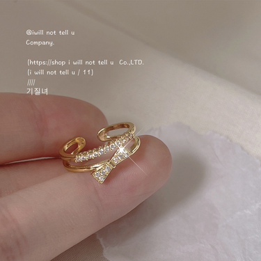 Micro Set Zircon Plated 14K Bow with Adjustable Opening, Sweet and Elegant Tail Ring Handicraft_voghion.com