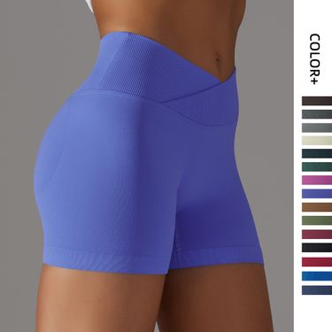 Seamless Knit Breathable Solid Color Cross Waist Peach Hip Yoga Shorts Running Fitness Three-Quarter Pants For Women_voghion.com