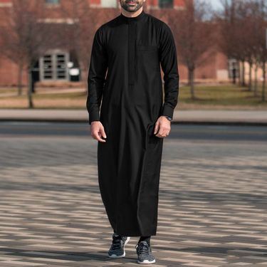 Muslim Men's Robe Solid Color Simple Long Sleeve Stand Collar Loose Saudi Islamic Men Thobe_voghion.com