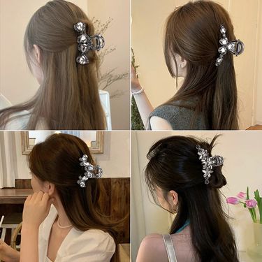 Exquisite Rhinestone Butterfly Three Leaf Flower Half Tied For Women, Bangs, Metal Grip Clip, Medium Shark Hair Clip_voghion.com
