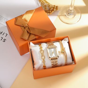 3pcs Women's Retro Square Diamond-inlay Steel Band Quartz Fashion New Watch + Diamond-inlay Bracelet Gift Box Set_voghion.com